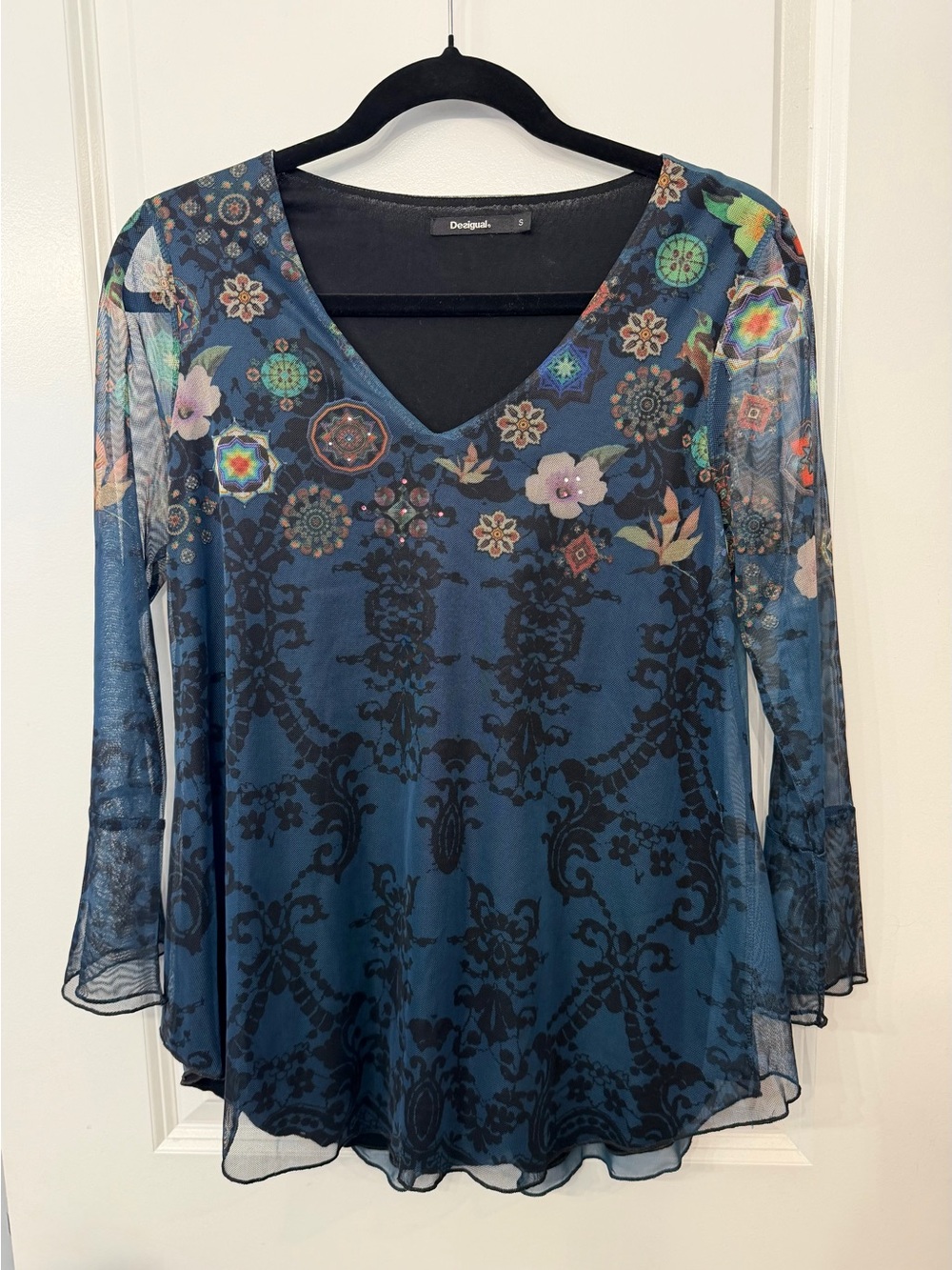 Desigual Teal Blue Floral Medallion V-Neck Sheer Blouse with Rhinestone